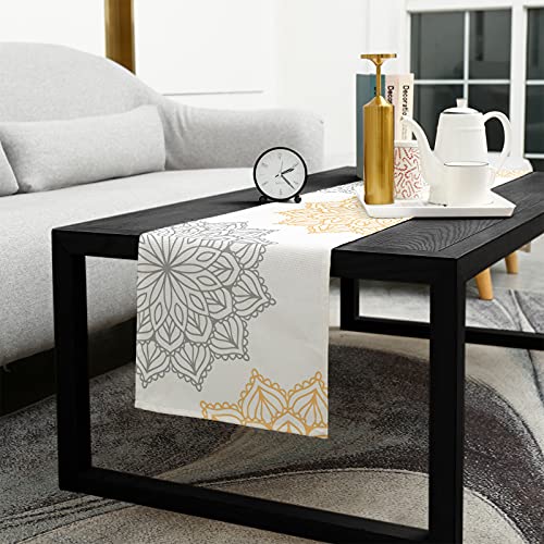 Yellow Grey Floral Table Runner 70 Inches Long,Cotton Linen Abstract Dahlia Flower Gray White Kitchen Dinner Dining Table Runners, Retro Mandala Burlap Tablerunner For Table/Dresser/Dining/Party Decor #TOP4