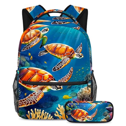 Sac à dos tortue de mer avec trousse scolaire grand cartable étudiant multicolore