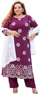 PrettyPlus by Desinoor.com Plus Size Embroidered Kurta Pant Dupatta Set for Women | 3 Pcs Ethnic Straight Kurta &amp; Pant Set...