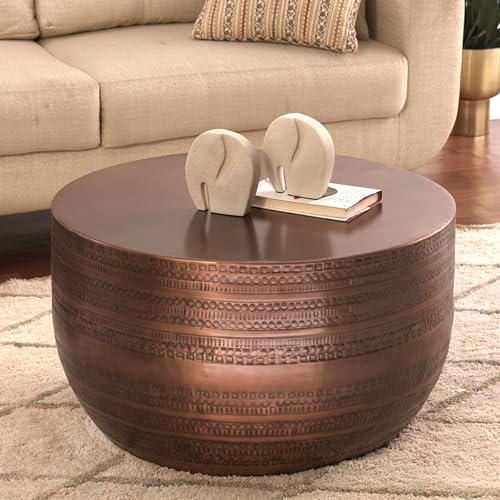 Modern Round Aluminum Hammered Embossed Texturing Metal Drum Coffee Table,