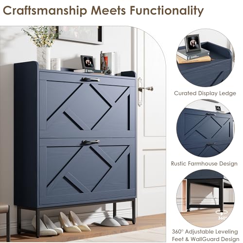 Image of Nicetree Shoe Storage Cabinet, Shoe Cabinet with 2 Flip Drawers, Narrow Shoe Rack Cabinet, Farmhouse Slim Shoe Cabinet Storage for Entryway,Blue