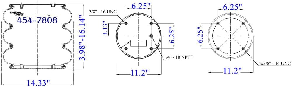 Dayton Parts 454-7808L Air Spring, Triple Convoluted, 3.98" Collapsed Height, 11.31" Top Plate Diameter, 11.31" Bottom Plate Diameter, Five Hole Top Plate, Four Hole Bottom Plate