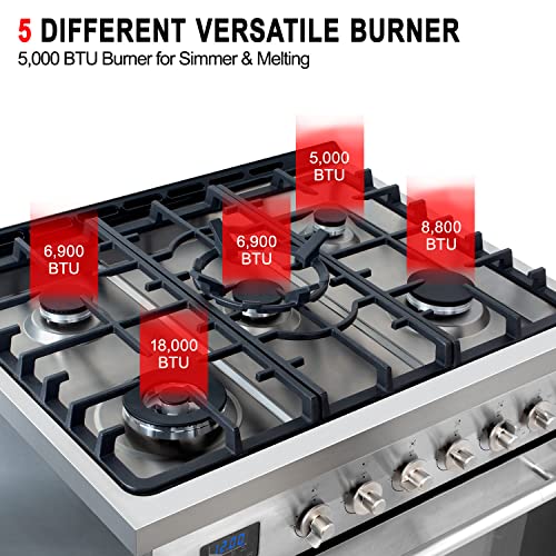 30'' Gas Range Stove With 5 Burners, Gasland Chef 5.0 Cu. Ft. Capacity Convection Oven, Range Stove With 2 Oven Racks, Digital Timer, Storage Drawer, Ng/Lpg Convertible #TOP1