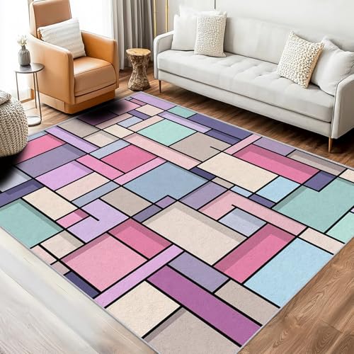Geometric Rug 6x8 Bedroom, Pink Modern Abstract Pattern Washable Area Rugs for Living Room, Geometric Home Decor Non Slip Carpet, Soft Ultra Thin Design (KY110)