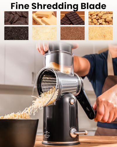 Image of Zulay Kitchen Rotary Cheese Grater 5 Blade Cheese Shredder - Manual Hand Crank Cheese Grater With Reinforced Suction & 5 Interchangeable Drums - Easy to Use, Vegetable Chopper Round Mandoline Slicer
