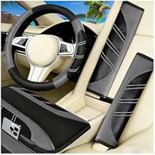 HZEL 4PCS Car Accessories Set, 14.5-15" Non-Slip Soft Microfiber Leather Steering Wheel Cover, Comfortable Seat Belt Cushion, Center Console Armrest Cover, Universal Fit Black/Gray