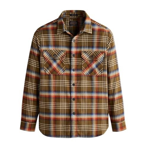 Pendleton Men's Burnside Flannel Shirt, Soft Double Brushed Cotton Long Sleeve - Olive Multi Plaid