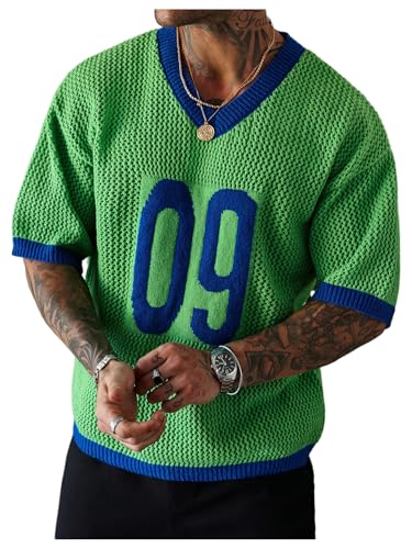 COZYEASE Men's Crochet Knit Short Sleeve Sweater Number Graphic V Neck Pullover Sweaters