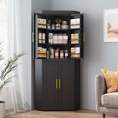 Image of GAIOUS 63 inch Tall Metal Corner Kitchen Pantry Cabinet, Steel Storage Cabinets with 4 Doors and 3 Shelves, Kitchen Food Cabinets with 6 Door Panel Shelves, Farmhouse Cupboard for Kitchen Dining, Black