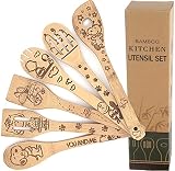 Bejky 6-Pcs Wooden Bamboo Spoons Set - Organic Food Cooking Utensils - Kitchen Accessories and Home Decor - Cookware Gifts for Women - Nonstick Easy Wash Spatulas - 3D Engraved Patterns (Cartoon Dog)