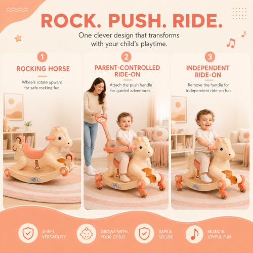 Image of 3 in 1 Baby Horse Rider for Kids 1-5 Years with Parent Handle, Rocking Horse, Ride On Toy, 360 Safety Guard, Music, Swivel Wheels, Backrest, Baby Ride On for Boys & Girls (Cream)