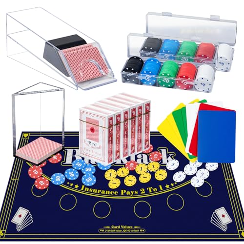 Extguds Entertainment Casino Game Set Blackjack Texas Holdem Poker Card Kit with Card Dealing Shoe Discard Tray 200 Chips 6 Deck Card Double-Sided FeltBlue 10 Cut Cards Blackjack Set