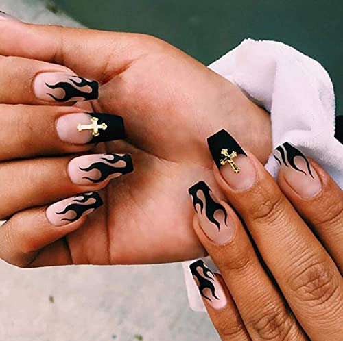 Press on Nails Short Almond Fake Nails Matte Press on Nails Long Black Prom Nails Full Cover False Nails for Women and Girls 24PCS/Set (Black Flame)