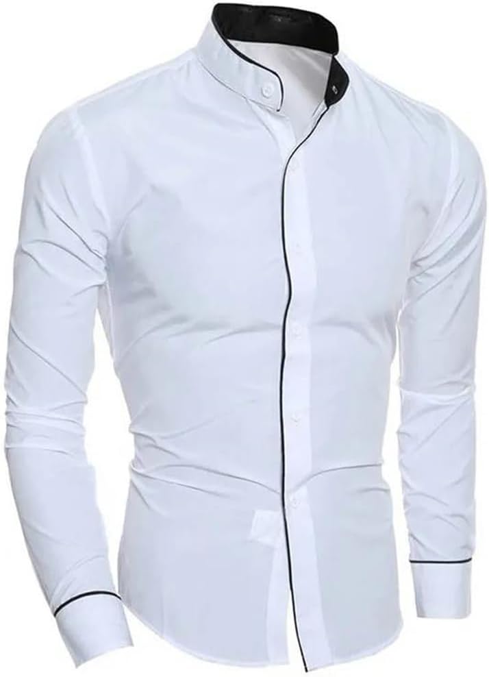 Men Slim Fit Solid Color Shirt Classic Stand Collar Design Patchwork Cardigan Base Top