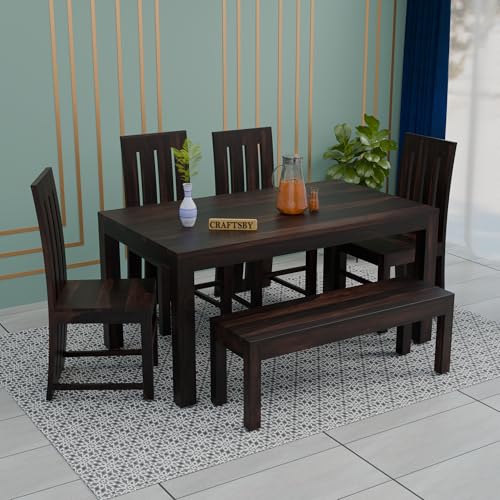 Image of 57 Inch Length Solid Sheesham Wood 6 Seater Dining Table Set | Six Seater Dinner Table with 4 High Chairs & 1 Bench | Dinning Table Set 6 Seater For Living Room | Table & Chair, Walnut Finish