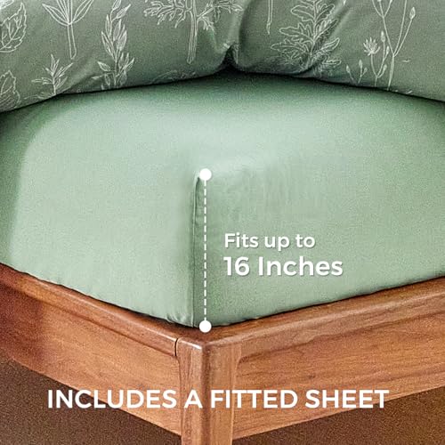 Image of Lekesky Duvet Cover Queen Size with Fitted Sheet - 4 Pieces Printed Soft Bedding Set, Includes 1 Duvet Cover 90x90 Inches with Zipper Closure & 8 Ties, 2 Pillow Cases, 1 Fitted Sheet, Sage Green
