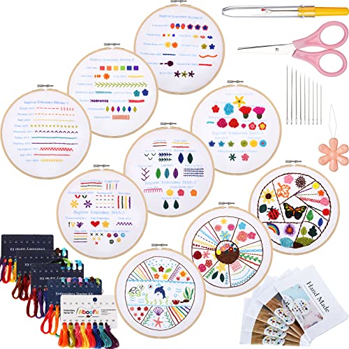 9 Sets Embroidery Stitch Beginners Practice Kits Cross Stitch Kits To Learn Different Stitches Crochet Punch Needlepoint Kits For Adults Kids Craft Lover Embroidery Fabric Embroidery Skill (Classic) #TOP21
