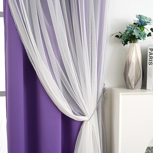 Image of 2 Panels Purple Blackout Curtains 52x84 Inches- Double Layer Lace Grommet for Bedroom, Nursery, Kids Room