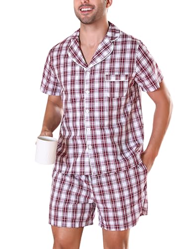 Irdcomps Pijama Hombre Cuadros Corto Verano Pantalones Cortos Conjunto de Algodón Pijama para Hombre 2 Piezas S-XXL（Estilo A-Red de Vino Tinto,XL）