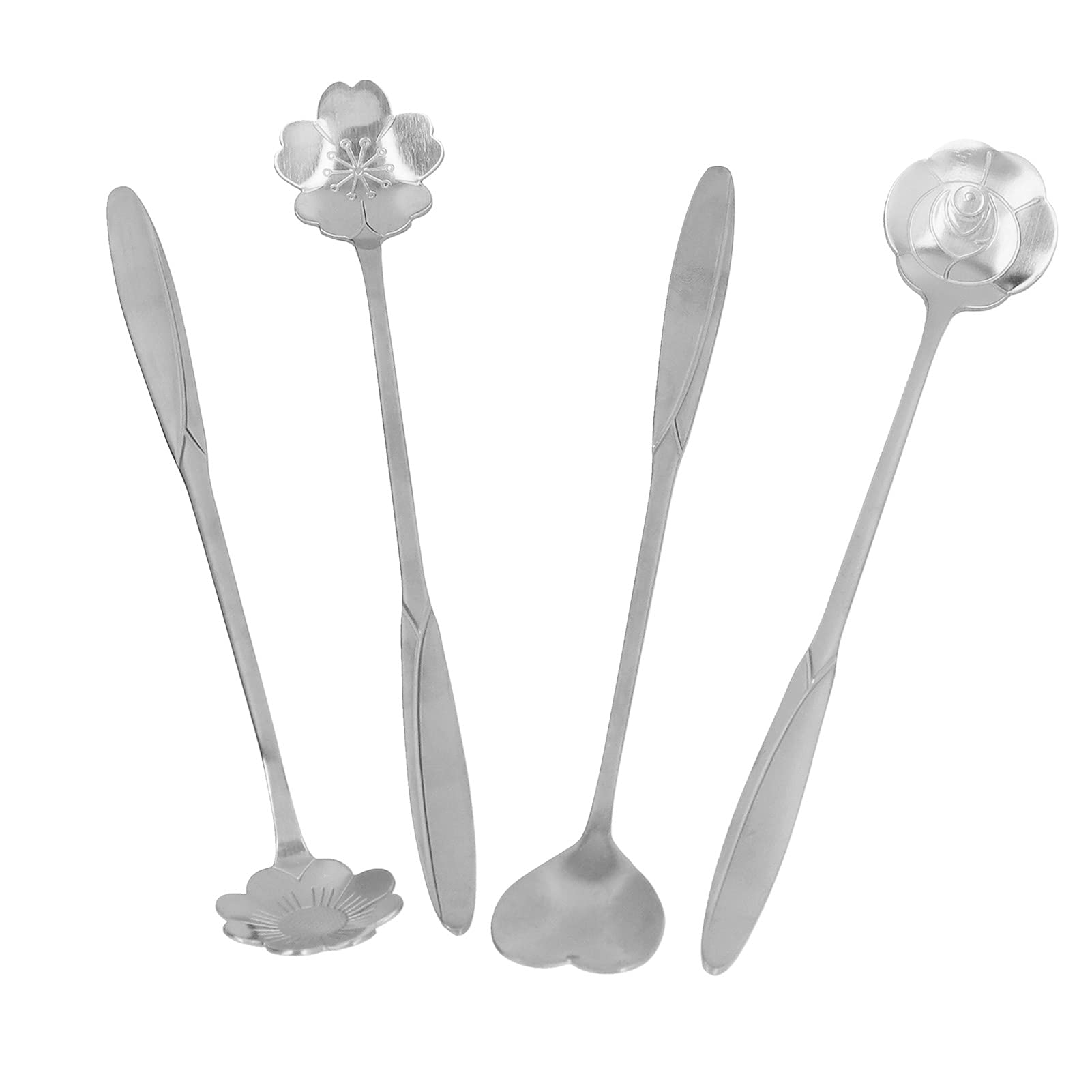 Ice Tea Spoon, Desert Scoop 4PCS Flower Shape Non Toxic for Party for Coffee Shop for Kitchen(Silver)