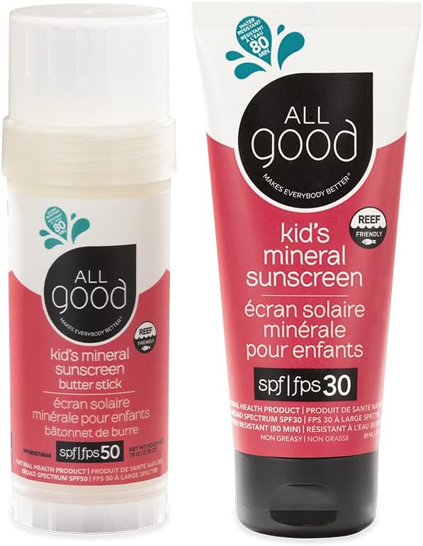 All Good Baby & Kids Protetor Solar Mineral Facial e Corporal com Bastão FPS 50 e Loção FPS 30, Pacote com 2