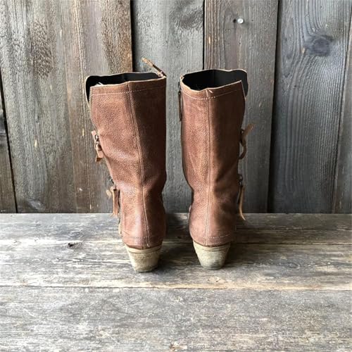 Western Cowgirl Chunky Mid-calf Boots for Women's Vintage Round Toe Side Zipper Block Mid Heel Motorcycle Boots Shoes4