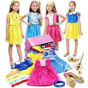 Tacobear Disfraz Princesa Niña Vestidos Princesa con Corona Varita Mágica Collar Anillo Diadema Zapatos Princesa Cosplay Traje Cenicienta Blancanieves Bella Aurora Disfraces Niña para Princesa Fiesta