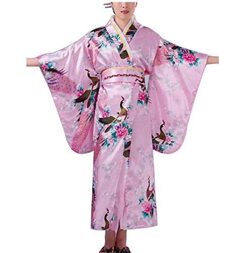 Botanmu Women's Peacock Kimono Robe Japanese Dress Photography Cosplay Costume 5 Colors(Pink)