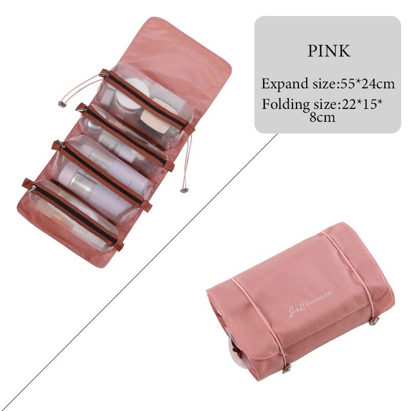 OMAZING KITCHEN 4 in 1 Foldable Hanging Roll Up Makeup Toiletry Bag for Travel Organizer Cosmetic Storage for Women (Pink)