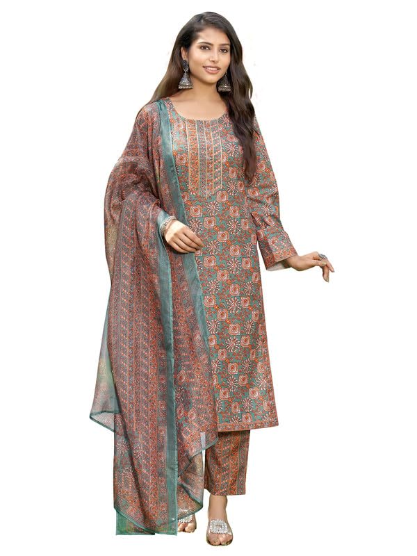 Nainvish Women's Viscose Rayon Printed Straight Round Neck Kurta Pant With Dupatta (Sd706_Kbd-Xl_Brown)