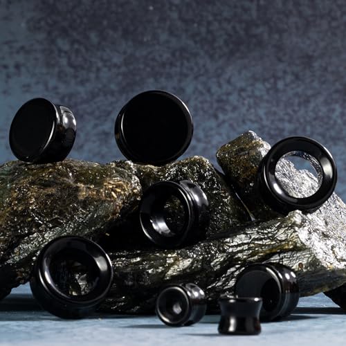 Obsidian Ear Gauges Set, 4 Pack Glossy Black Plugs & Tunnels, Mirror Polished Volcanic Stone (size 00G-1")4