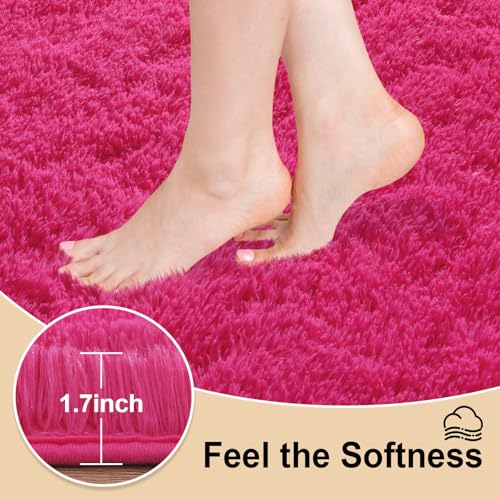 3x5 Rugs for Bedroom, Fluffy Area Rugs for Living Room, Soft Shag Kids Rug Small Carpet with 4 Non-Slip Rug Pads (Hot Pink, 3ft x 5ft)