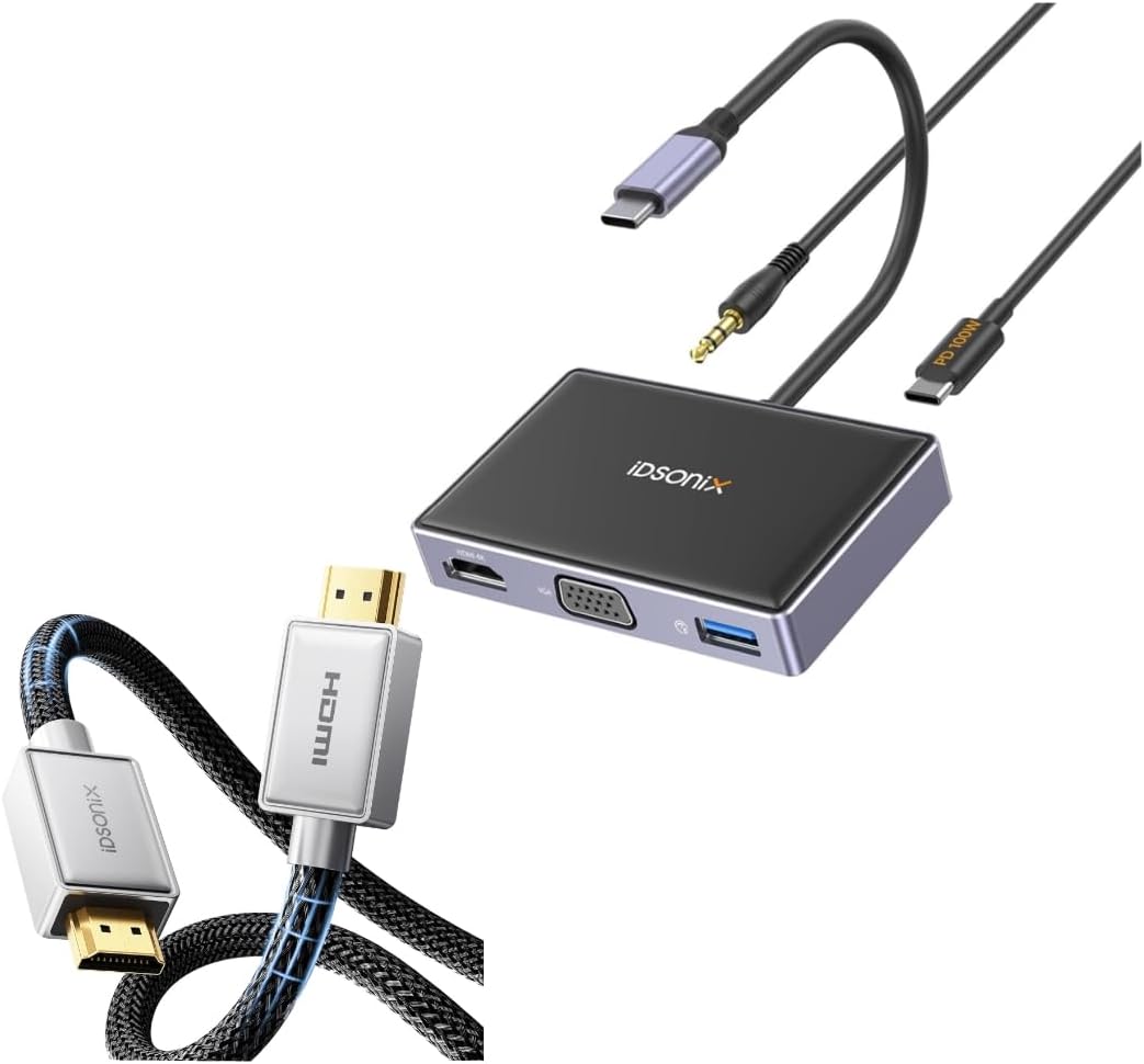 iDsonix USB C to HDMI VGA Adapter and 4K@60HZ HDMI 2.0 Cable