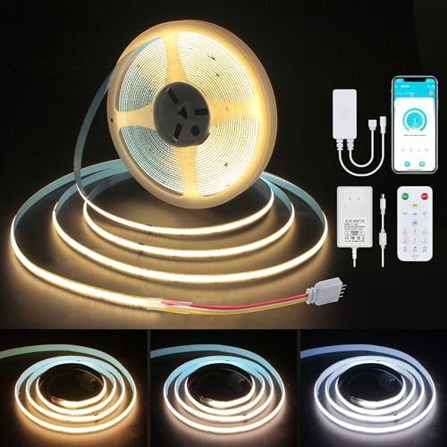 ALITOVE COB-ledstrip, 10 m, 24 V, afstembaar, wit, 2700 K ~ 6500 K, 608 leds/m, zeer dichte led-lichtstrip voor doe-het-zelf onderkast, verlichting, keuken, tv met RF-afstandsbediening en voeding