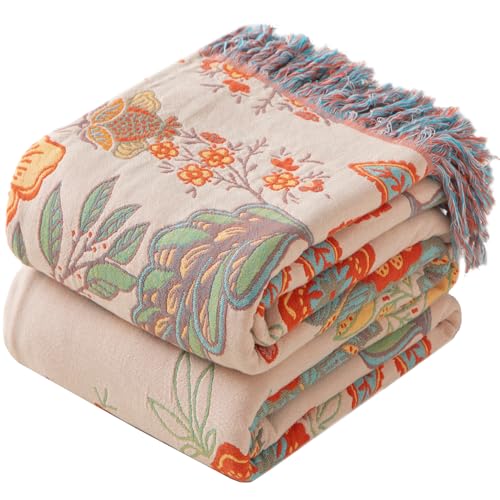 Phuryllic Boho Throw Blanket Throw Size, Soft Cozy Cotton Muslin Quilt Blanket for Bed Decor, Bird Patterned Couch Sofa Chair Cover, Vintage Farmhouse Cottage Tapestry Woven Blanket, Coral&Green