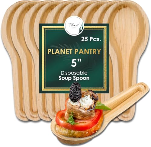 Planet Pantry Disposable Cutlery Wooden Bamboo-Like Paper and Plastic Alternative Eco-Friendly for Food, Party, Buffet (5" Soup Spoon, 25)