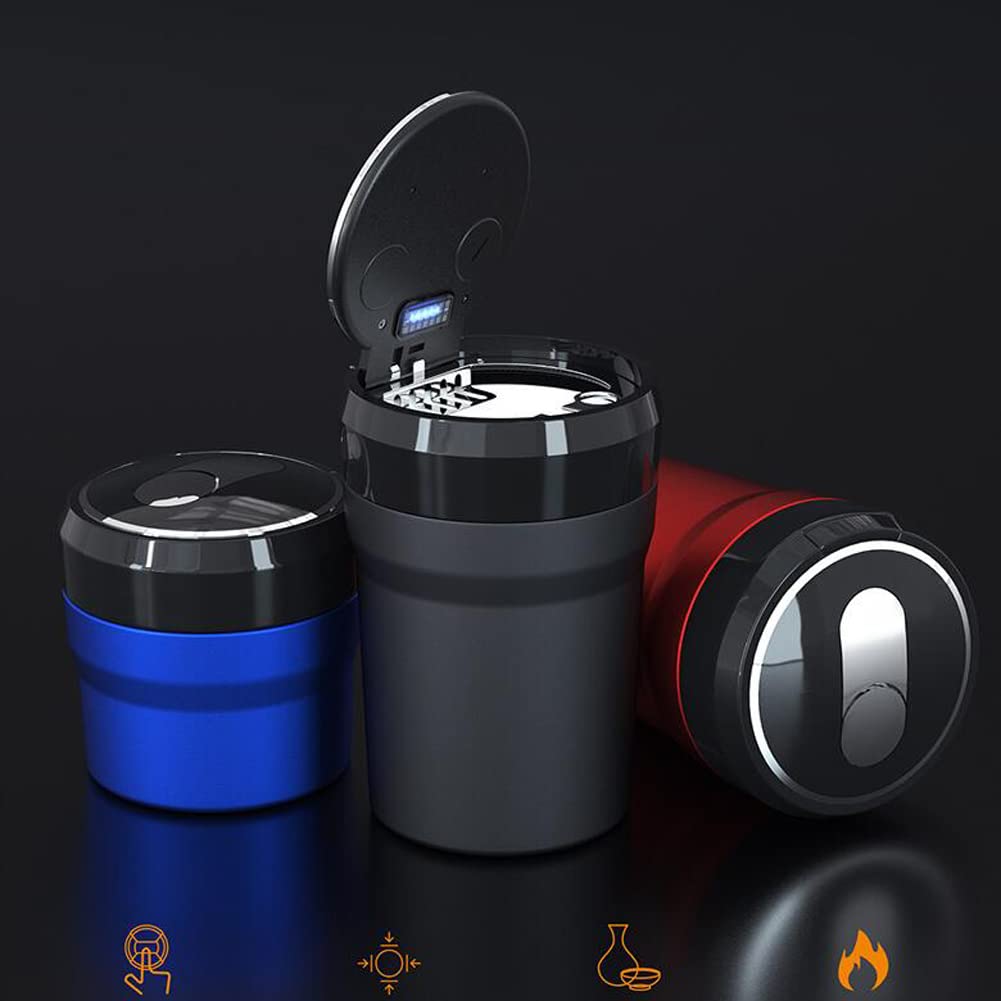 Ashtray Fashion Personalized Automatic Pop-Up Lid LED Light Portable Ashtray Outdoor Family Cigarette Butt Storage Box Car Trash Can Detachable Windproof, Type B Black