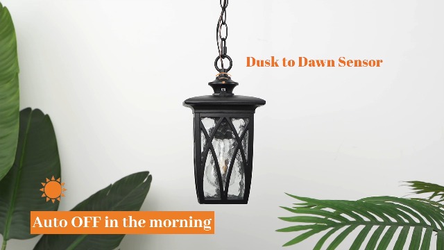 Image of JYZ Dusk to Dawn Outdoor Pendant Lantern, 12 Inch Craftsman Style Exterior Hanging Light with Water Ripple Glass, Traditional Outdoor Chandelier for Front Porch Patio Garden Gazebo Pergola