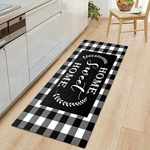 Distressed Runner Rug, Black Buffalo Plaid Non-Slip Low-Pile Floor Rug Clearance for Home Kitchen Living Room Entryway Bedroom and Laundry Room 2'x6'