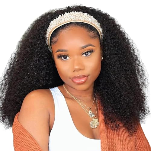 Image of Celiarita Headband Wig Human Hair Kinky Curly 18 inch Machine Made Wigs Glueless Kinky Curly Headband Half Wigs for Black Women Human Hair Natural Color