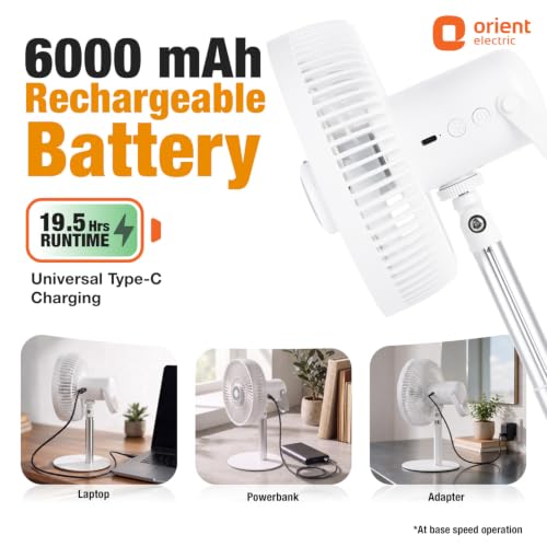 Image of Lumo Rechargeable Table Fan for Home | Portable Battery Fan with 6000 mAh Battery | 4 Speed Modes, 180 Rotation, Adjustable Height | Magnetic Remote & LED Light, Type-C Charging | White
