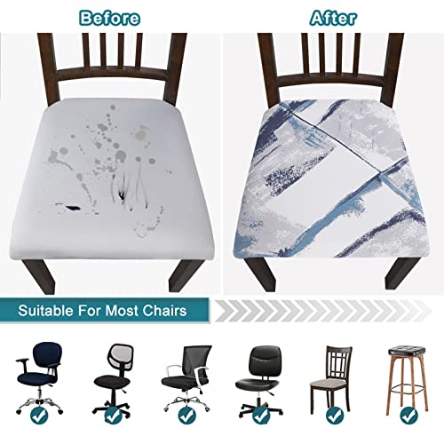 Image of SearchI Seat Covers for Dining Room Chairs Stretch Printed Chair Seat Covers Set of 4, Removable Washable Upholstered Chair Seat Protector Cushion Slipcovers for Kitchen, Office(Blue /White)