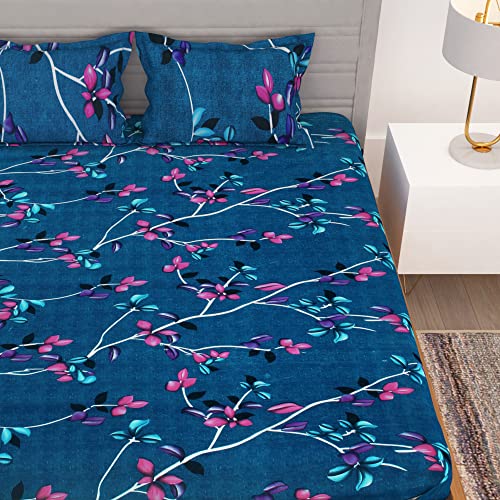 Story@Home MollisHomes 150 TC Microfiber Double Bedsheet with 2 King Size Pillow Covers Breathable | Wrinklfree | Summer | Leafs Printed Bedsheet for Double Bed | (Blue, 225 x 250 cm)