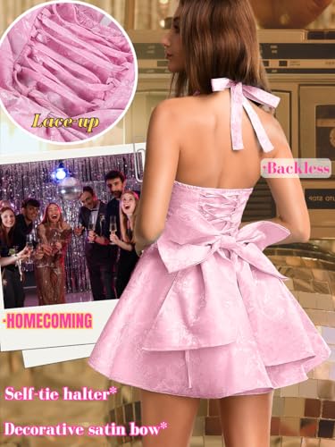 Jacquard Corset Dress,Deep V Halter Mini Dresses with Bow Back,Sexy Birthday Outfits Women Homecoming Prom Formal3