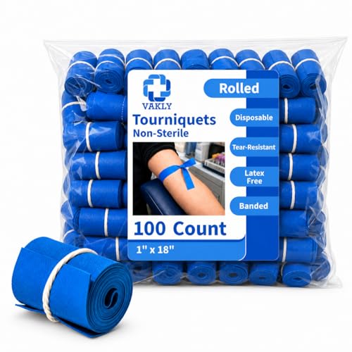 Image of Vakly Disposable Tourniquet [Pack of 100] Blue 1 inch x 18 Inch Long Rolled and Banded Single-Use Elastic Latex-Free First Aid Tourniquets (100)