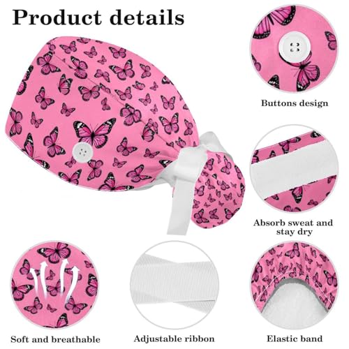 Image of Butterfly Scrub Cap Women with Ponytail & Buttons Adjustable Surgical Nurse Hat with Cotton Sweatband for Long Hair