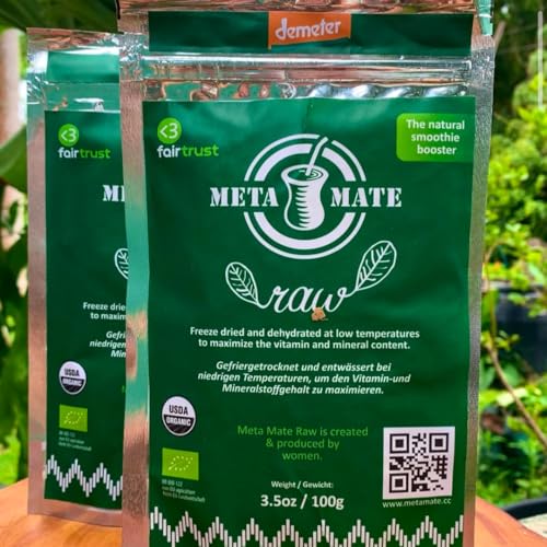 Meta Mate Raw 100 g | Mate Tee BIO Gefriergetrockneter in Demeter-Qualität | Yerba Mate BIO Ohne Bitterstoffe & ohne Rauch | Sanfte Energie | Für Tee, Smoothies & Rohkost | Nachhaltiger Waldanbau