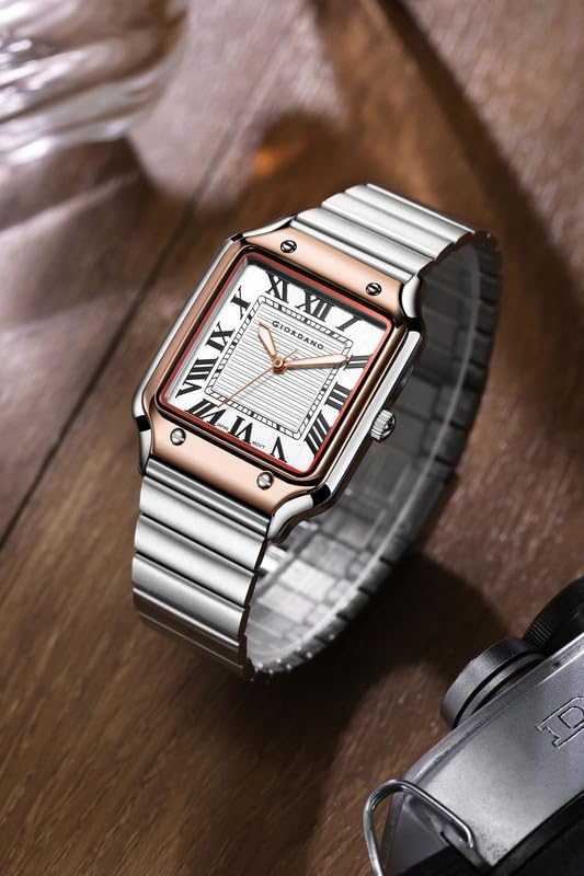 Image of Giordano Analog Watch for Men with Square Textured Dial, Roman Numerals, Quartz Movement and Stainless Steel Strap