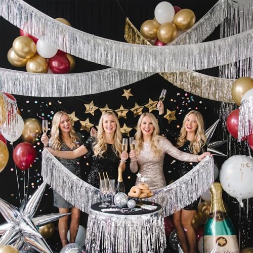 Image of Premium Silver Fringe Tinsel Garland for Party Decorations -4 Layers Thick, 2 Pack | LILF Foil Metallic Tinsel Banner Party Streamers for Wedding Birthday Christmas Decoration Home Hanging Decor