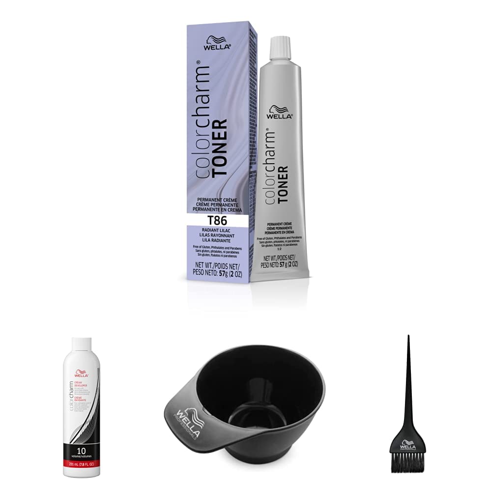 WELLA colorcharm Hair Dye & Coloring Kit, T86 Crème Toner + 10 Vol Cream Developer with Color Mixing Brush & Bowl for Mixing and Application, Great For Professional or At Home DIY Use, 4PC Set